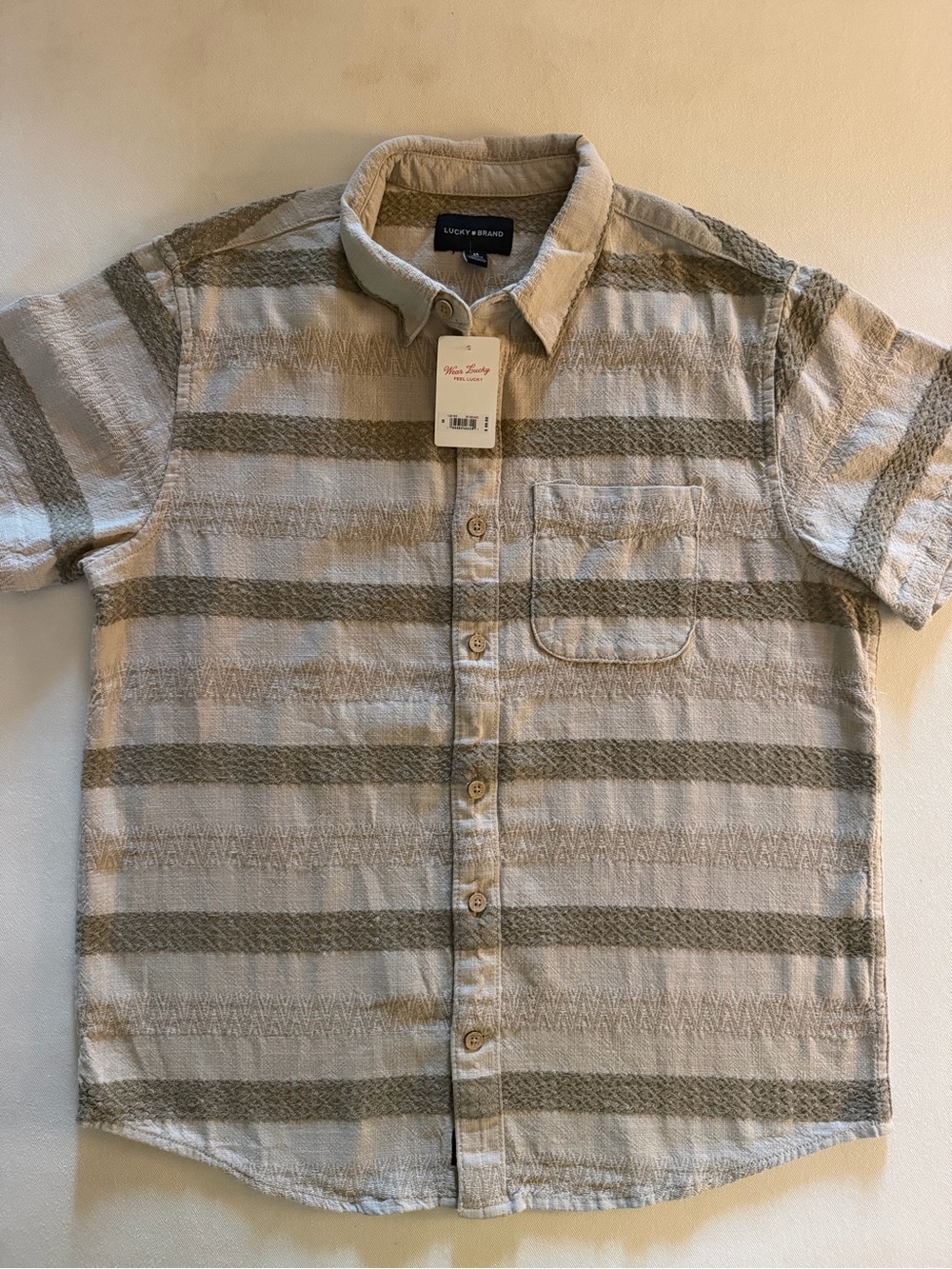 Brand New Lucky Brand Organic Linen Beige and Olive Short-Sleeve Button-Up Shir